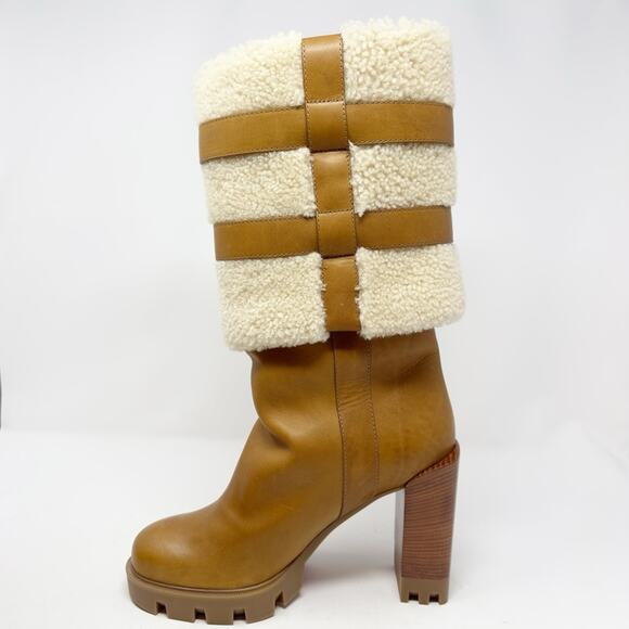 Christian Louboutin Brodeback Shearling Brown Leather Platform Boots Size 40 - Picture 9 of 14